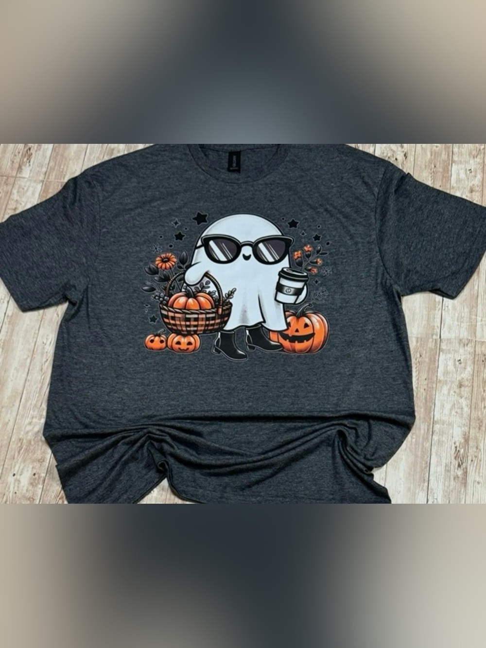 Dark Heather Gray Shirt Halloween Ghost with Pumpkins Coffee